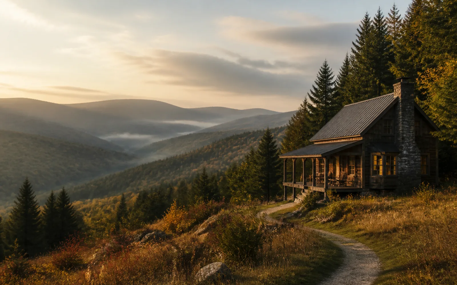 A secluded timber cabin overlooking misty mountain ridges at sunrise