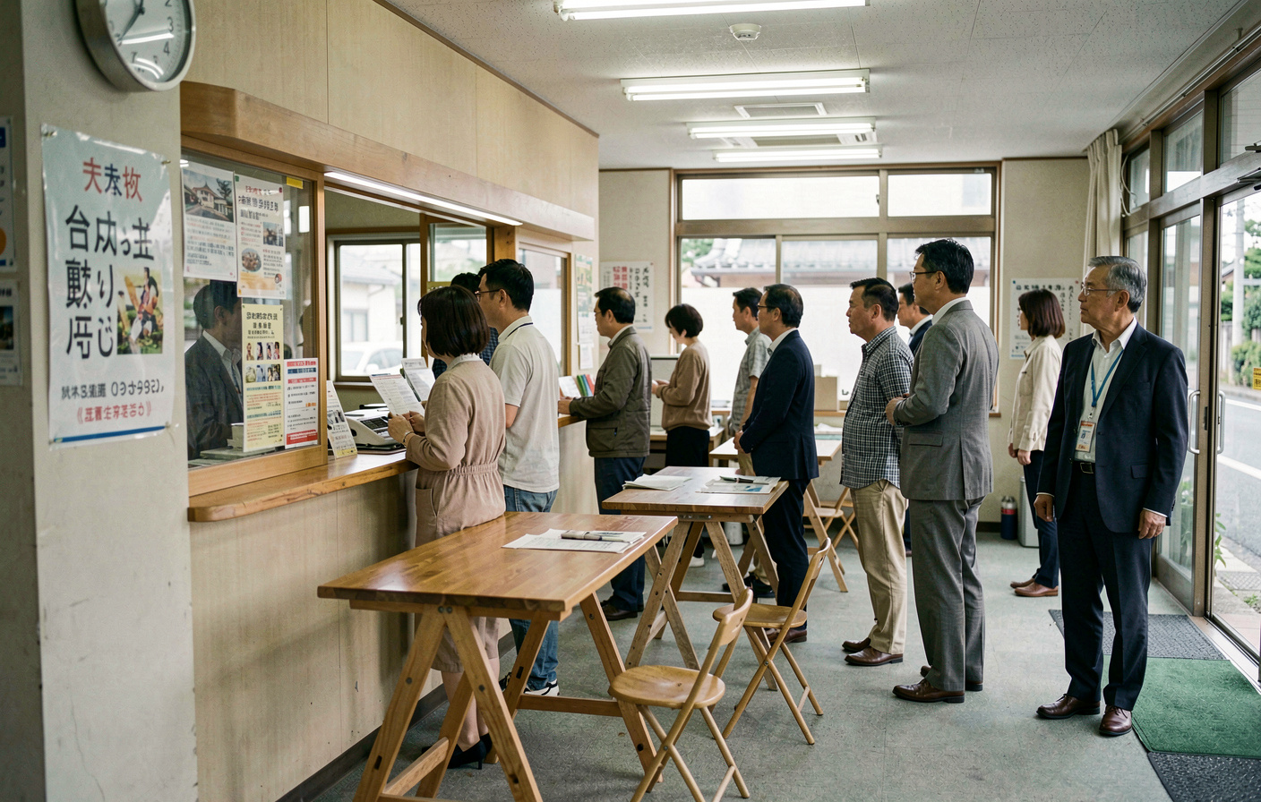 A municipal office counter in a Japanese neighborhood, a row of trestle tables used as a service window, about a dozen people standing and waiting under fluorescent light, shot from the side at eye level.