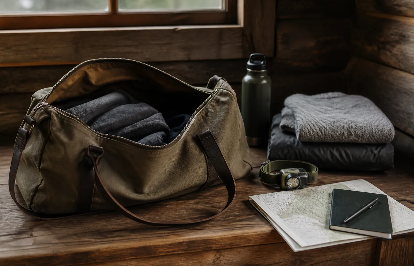 An open canvas bag with warm layers, a bottle, a headlamp and a folded map