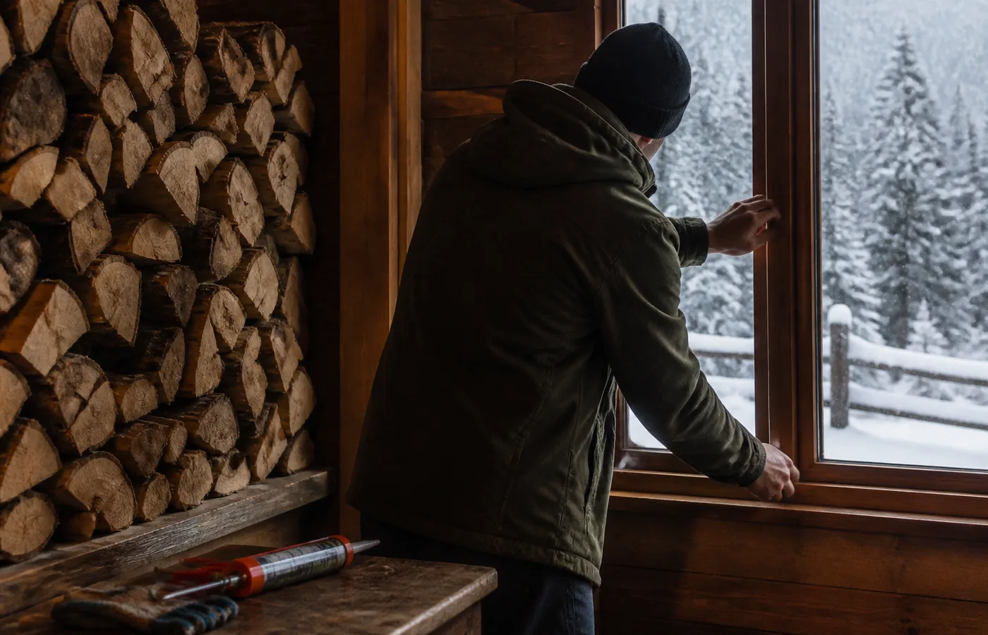 A cabin owner checking a window seal beside stacked firewood as snow begins outside